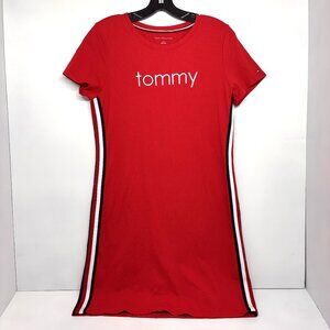 Y2K Tommy Hilfiger Shirt Dress Red w/ Side Stripe Short Sleeve Pullover Size S